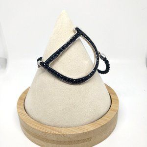 KHR Silver Bracelet "D" Black Braided Sliding Adjustable Black Stones